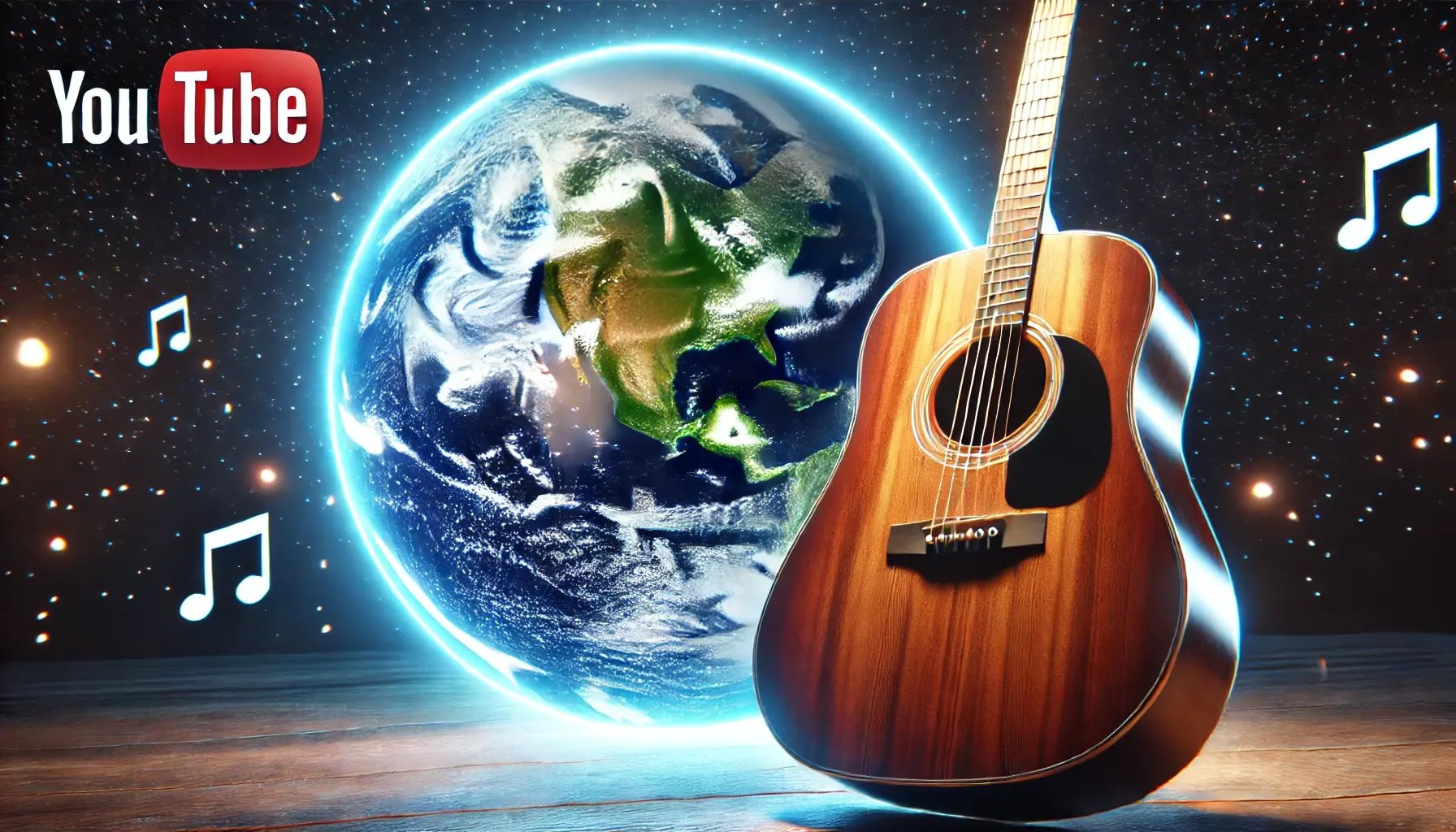 DALL·E 2024-10-18 12.09.46 - A YouTube thumbnail in 16_9 format featuring the planet Earth with a large, beautiful acoustic guitar in the foreground. The Earth is visible in the b