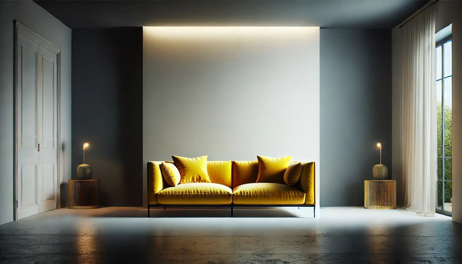 DALL·E 2024-11-28 11.32.15 - A photogenic interior with a moody atmosphere featuring a vibrant yellow sofa standing in front of a clean, white blank wall. The room is characterize